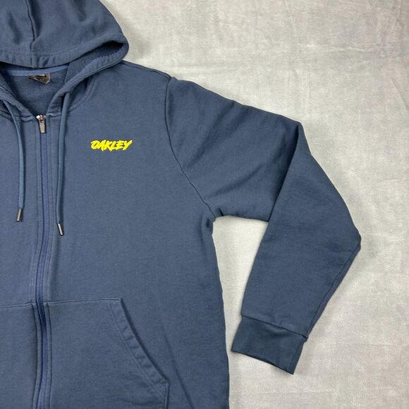 Oakley Sweatshirt Mens 2XL Navy‎ Blue Hooded Full Zip Spell Out Fleece - Picture 2 of 9
